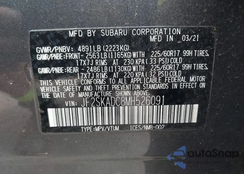 2021 Subaru Forester из США, поврежденный, VIN JF2SKADC8MH526091